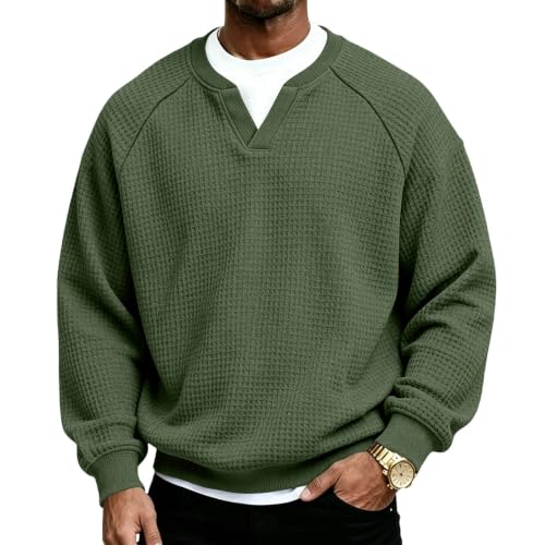 Long Sleeve Waffle Shirts for Men Plus Size Textured V Neck Thermal Shirts - image 5