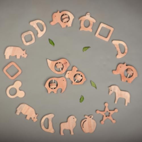 Image of Natural Neem Wood Baby Teether - Handmade Animal Shape Wooden Toy - Non-Toxic, Organic Chew Aid for Teething - Safe for Gums - Biodegradable, Eco-Friendly Gift for Infants & Toddlers (Neem Wood Baby Teether Set -3)