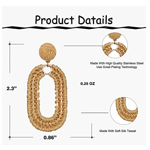 Statement Raffia Earrings Boho Summer Beach Earrings Geometric Oval Drop Earrings Handmade Straw Rattan Dangle Earrings Fashion Bohemian Jewelry Gifts For Women Girls, Brown #TOP5