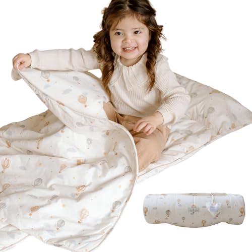 Image of Organic Toddler Nap Mat - 100% Cotton Fabric Fabric Sleeping Mat - Sleeping Bag for Kids - Removable Pillow and Blanket – 1.5” Thick Pad - Daycare, Preschool & Sleepovers. (Ivory Hot Balloon)