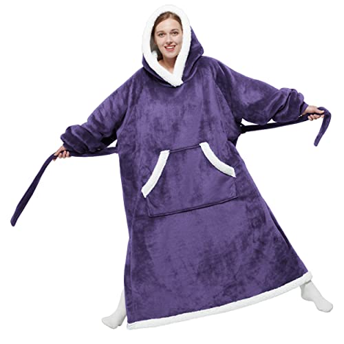 Image of Bedsure Wearable Blanket Hoodie, Long Hooded Blanket Sweatshirt as Birthday Gifts for Women, Cozy Sherpa Hoodie for Adult, Small, Dark Purple