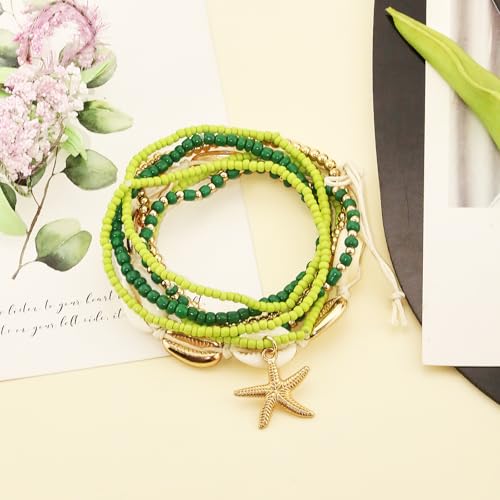Image of Shell Anklets Bracelet for Women Waterproof Surfer Starfish Bracelet Puka Shell Anklet Colorful Boho Stack Stretch Bead Bracelet Set Hawaii Summer Beach Vacation Foot Jewelry
