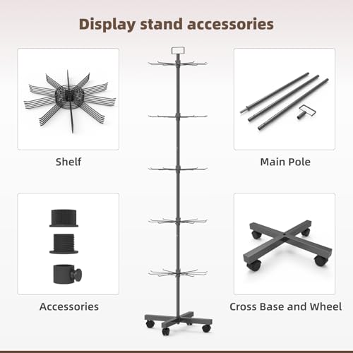 Image of Retail Display Racks 5 Tier Spinning Display Stand, Movable Shop Spinner Rack with Hooks, Retail Display Stand for Jewelry Keyring Hats Socks Toys (Black)