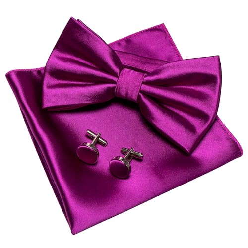 JEMYGINS Berry Purple Bow Tie Pre-tied Silk Bowtie and Pocket Square Cufflinks Sets for Men(43)