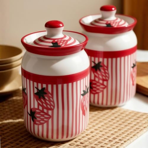 Image of Strawberry Printed Ceramic Handglazed Pickle Jars Set of 2-1000 ML Each | 1 kg Achaar Martban Barni Jar with Lid | Ceramic Storage Jar Container Pickle, Chatney