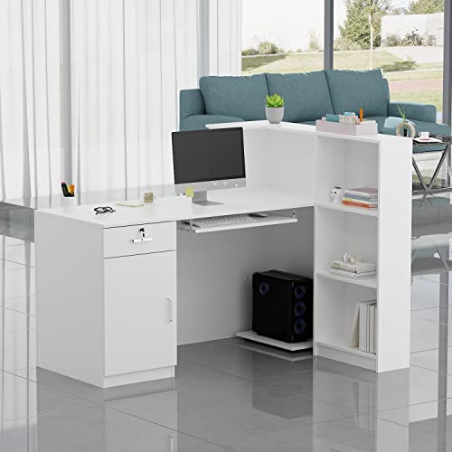 FAMAPY Modern Reception Desk Counter Desk for Retail & Checkout, Front Counter Table, L-Shaped, Black Tapes, for Office Boutique Lobby White (55.1”W x 23.6”D x 43.3”H) - Thumbnail 3