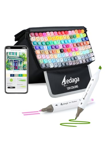AEDAGA 120 Colors Alcohol Markers with Free App Dual Tip Art Marker with Kickstand Case for Artists Adults. Alcohol Based Markers for Coloring Painting Sketching and Drawing Great Gift