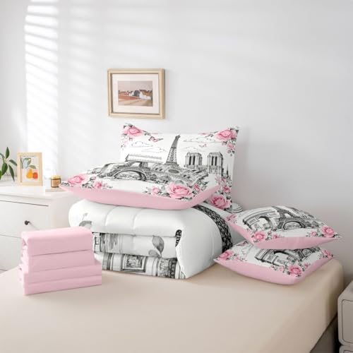 Image of 7 Pcs Eiffel Tower Bedding Sets Queen Sketch French Architecture Decor Comforter Set Pink Rose Butterfly Romantic Style All Season Comforter Flat Sheet Fitted Sheet 2 Pillowcases 2 Throw Pillow Covers