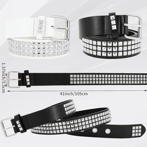 2 Pcs Studded Belt,White Black Studded Belt,Simple and Stylish Imitation Leather Spiked Belts with Shiny Pyramid Studs for Women Men.2