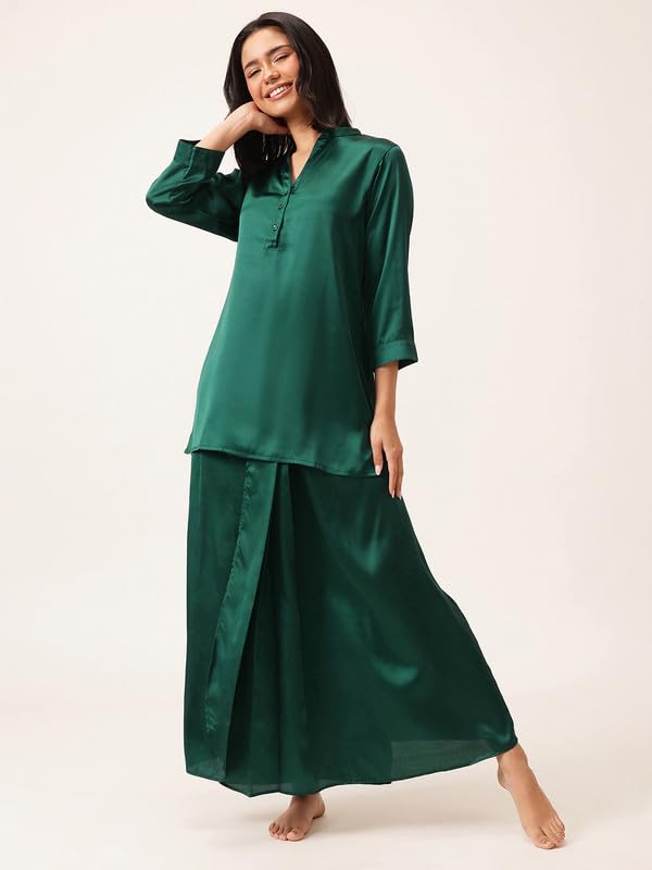Image of Clovia Women's Chic Basic Satin Long Button Down Top with Dhoti Style Skirt
