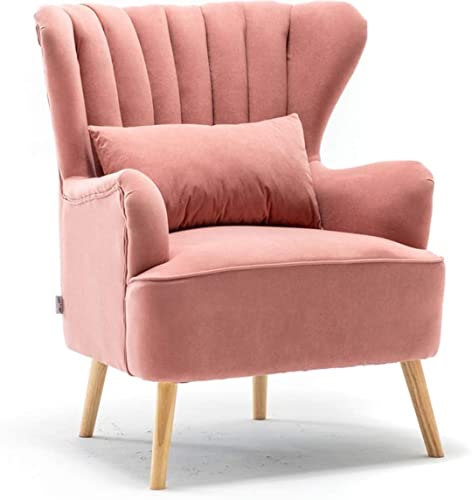 Image of Velvet Wingback Chair with Ottoman & Cushion Pillow | Upholstered Accent Lounge Chair with Foot Rest | Modern High Back Arm Chair for Living Room Bedroom, Office | Wooden Legs | Pink