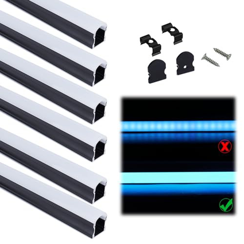 Image of Muzata 6Pack 3.3FT /1M Excellent Spotless LED Channel System with Milky White Cover Black Aluminum U Shape LED Strip Diffuser Channel U108 BW 1M