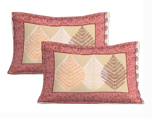 Image of Pure 100% Cotton Double Bed Sheet with 2 Pillow Covers King Size (90 x 100 Inch, Off Pink Floral Jaipuri)