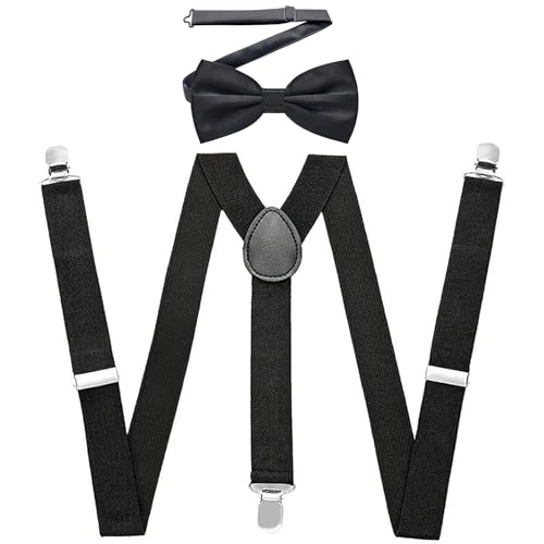 AONAT Bretelle Uomo Set con Papillon, Bretelle Regolabili a Y 2,5 cm con Clip Metalliche Resistenti, Eleganti e Confortevoli, Ideali per Lavoro, Matrimoni e Occasioni Speciali (Nero)