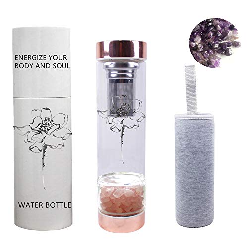 AITELEI Natürliche Edelstein Quarz Kristall Wasserflasche, Kristall Elixier infundierte Edelstein Wasserflasche für Heilung und Wellness - Doppelwandige Glasflasche mit Teekanne und Teesieb 400ML