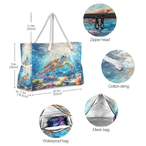 Large Beach Bags Totes Canvas Tote Shoulder Bag Coral Sea Turtle Water Resistant Bags for Gym Travel Daily4