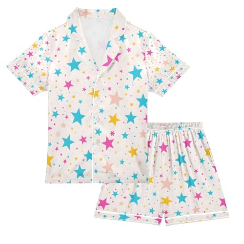senya Colorful Star A Satin Summer Pajama Sets Silk Short Sleeve Button Down Sleepwear