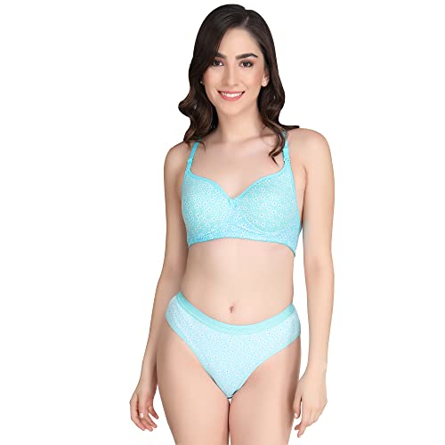 Image of Women Padded Printed Bra Panty - Made of Pure Cotton Full Coverage Non Wired Seamless Pushup Soft Cup for T-Shirt Saree Dress Sports Garment for Daily Use Everyday