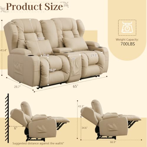 Image of SAMERY 65.5 inch Loveseat Recliner Sofa | Double Recliner Sofa & Console | Wall Hugger Loveseat Reclining RV Theater Seats | RV Couch Home Theater Seating Furniture (Fabric Beige)