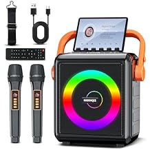 Karaoke Machine with 2 Wireless Microphones for Adults & Kids, 8000mAh Portable Bluetooth Speaker PA System with Lights, Supports AUX in/TF Card/FM/REC, Microphone Speaker Set for Home Party, Outdoor