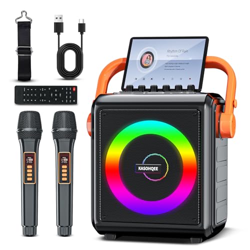 KASOHQEE Karaoke Machine for Adults with 2 Wireless Microphones, Portable Bass/Treble Bluetooth Speaker with PA System, Remote Control LED Lights, Support TF Card/USB, AUX in, FM, REC