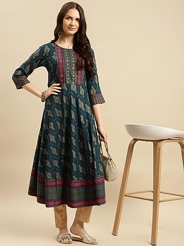 Image of rangita Teal Rayon Calf Length Embroidered Anarkali Kurti for Women | Kurta for Women