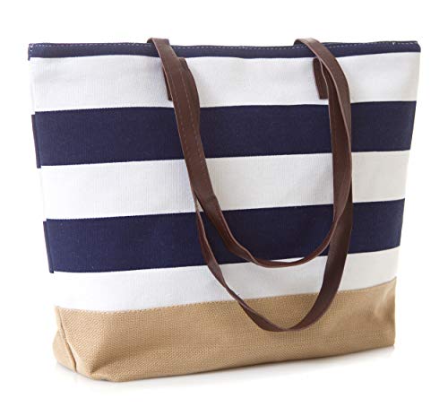 Leisureland Canvas Tote Bag, Travel Tote Bag, Water Resistant Beach Bag (L20"Xh15"Xw6", Burlap Bottom Leather Handle Stripe Navy) #TOP23