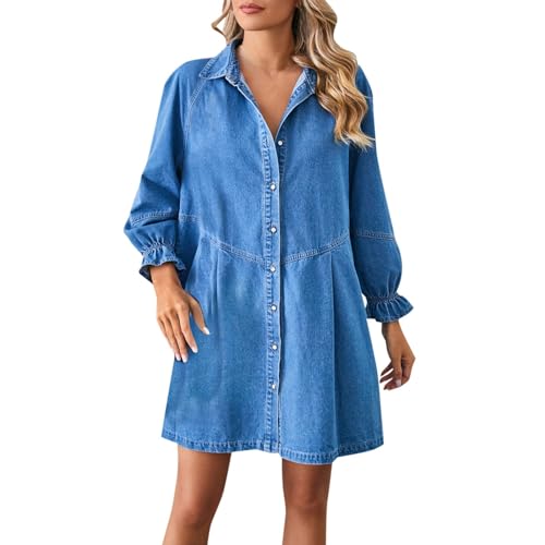 Jeanskleid Damen Knielang Kleid Damen Langarm Kleider mit Button Down Knopfleiste Denim Shirt Casual Midikleid Elegant Freizeitkleid Mode Strandkleid...