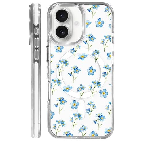 Coque iPhone 16 MagSafe transparente fleurie bleue rigide antichoc