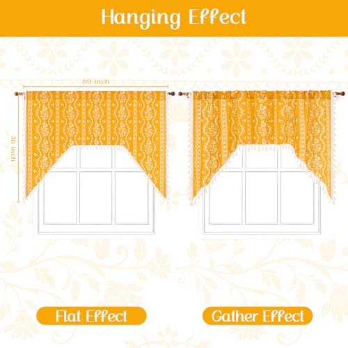 Image of Yinhua Boho Swag Valance Curtains Vintage Linen Valances for Windows Light Filtering Floral Kitchen Valance Rod Pocket Farmhouse Rustic Tassel Window Valances for Bathroom Cafe, 60 inch W x 36 inch L, Yellow