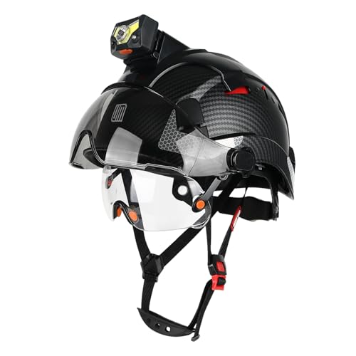 UM ULTRAMAXX ANSI Z89.1 Certified Hard Hat with Light – Detachable Headlamp Safety Helmet with Visor, Adjustable Vented Hard Hat with Chin Strap, Black Carbon Fiber