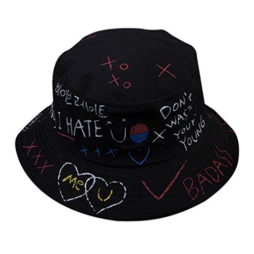 Harajuku Letters Graffiti Print Bucket Hat Men Women Sun Hat Hiphop Style Cap - Preto