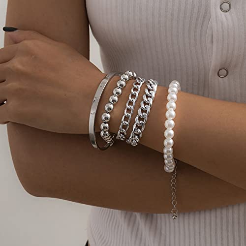 Chargances Dainty Layered Pearl Bracelet Set for Women Fashion Chunky Chain Beaded Bangle Bracelet for Women Girls Gift (Silver)