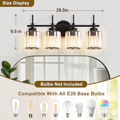 Image of EJIAXIN 4 Light Round Crystal Vanity Lights, Modern Black Crystal Wall Light Bath Mirror Light Fixture Over Mirror Bathroom Wall Sconces for Bathroom Living Room