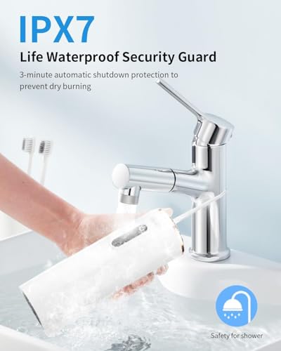 Elektrische Wasserseide, tragbarer Zahnreiniger, kabelloser Wasserflosser für die Zahnreinigung, 280 ml Wassertank, Zahnseide mit 5 Düsen, 3 Modi, geeignet für Zuhause und Reisen, Weiß – Bild 8