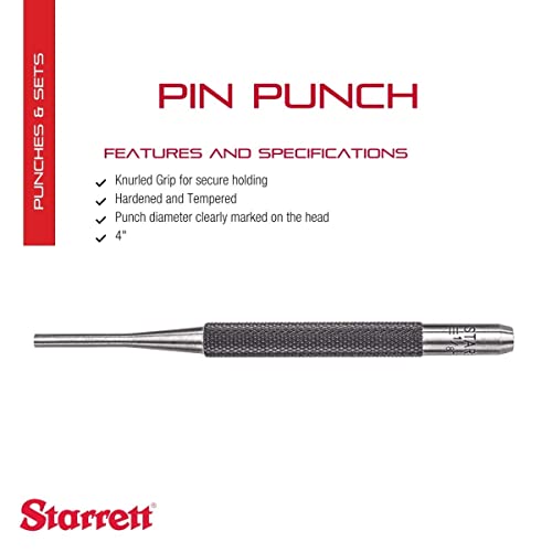 Starrett Drive Pin Punch With Knurled Grip For Driving Pins Into Or Out Of A Workpiece - Hardened And Tempered Steel, 4" Length, 1/8" Punch Diameter - 565C #TOP1