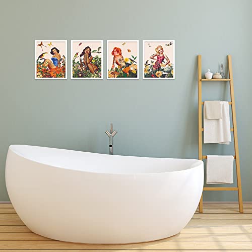 Insire Retro Woman Wall Art Funky Bathroom Decor Girly Bathroom Decor - Set Of 4 (8X10) Women Funky Wall Decor Funky Wall Art - Retro Room Decor Girly Wall Art Women Art Vintage Wall Art- Unframed #TOP2