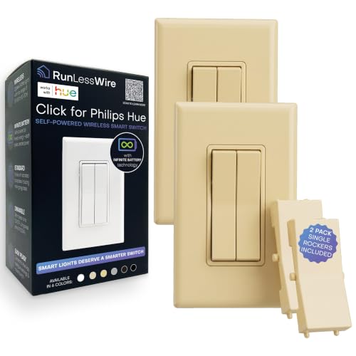 Image of RunLessWire Click for Hue Battery-Free Wireless Smart Switch 2 Pack Ivory | Dimmable Kinetic Switch Pairs Natively to Philips Hue Bridge, 4 Programmable Buttons to Control Scenes & Areas, 100ft Range