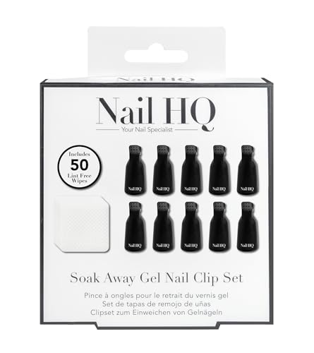 Nail HQ Soak-Off Nail Clip Kit – 10 Reusable Quick-Release Clips + 50 Lint-Free Wipes – Effortlessly Removes UV Gel, Shellac & Acrylic