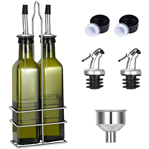 Gusnilo Glass Olive Oil Bottle - 250ml Second Generation Green Oil & Vinegar Cruet with Pourers and Funnel - Olive Oil Carafe Decanter for Kitchen - (8.5 Oz Ounce)