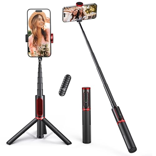 ATUMTEK Palo Selfie Trípode, Trípode Móvil 3 en 1 Extensible de Aluminio con Mando a Distancia Bluetooth Inalámbrico, Compatible con iPhone 17/16/15/14/13/12 mini/11 Pro y Smartphones Samsung, Rojo