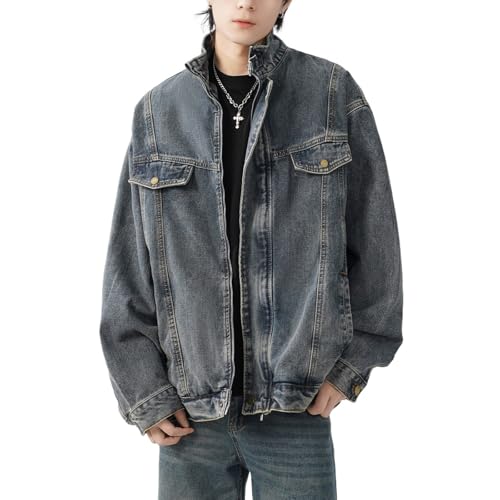 HBER Mens Teen Boys Long Sleeve Denim Jacket Zip Up Casual Loose Trucker Biker Jeans Jacket Coat Fall Denim Outwear - Main Image