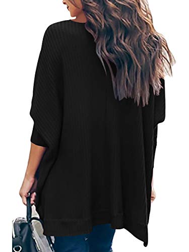 ANRABESS Women Waffle Knit Tunic Tops Casual Oversized Long Sleeve Crewneck Sweaters Shirt A138hei-S Black