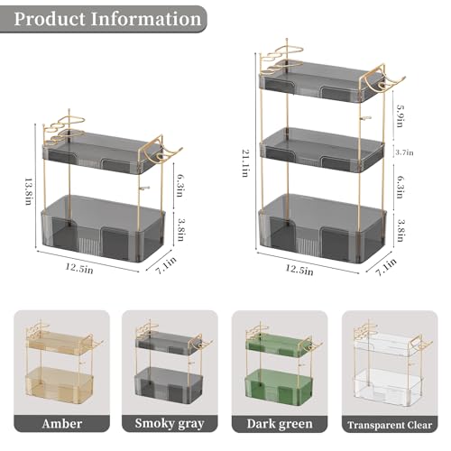 Image of Akinbas 3 Tier Bathroom Organizer Countertop Makeup Perfume Tray Skincare Organizer Comes with Hair Dryer Rack and Toothbrush Holder for Bathroom Dresser Vanity (Grey)