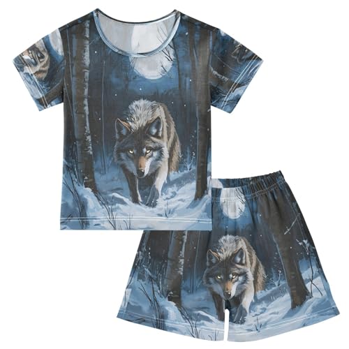 ALAZA Wolf Moon Night Pajamas Set Short Sleeve Cotton Sleepwear Summer Pjs 2 Piece 5-14Y