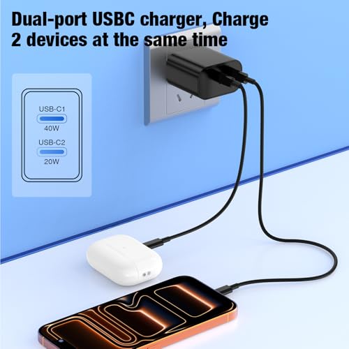 Image of Dual Port Type-C Fast Charger 60W(in total) for Samsung Galaxy S26 Ultra, 6 /6 /10 /10FT PD3.0 USBC Fast Charging Cable /Cord for Galaxy S26 S25 S24 S23 S22 Plus,Android Phone, iPhone 17 /16 /15 Pro Max,Tab