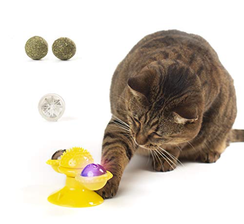 SleekSide Interactive Cat Windmill Toy with LED Flashing Light and 2 Catnip Balls, Fun Spinning Indoor Play for Cats and Kittens, Free-Standing Suction Cup Base, Pet Safe
