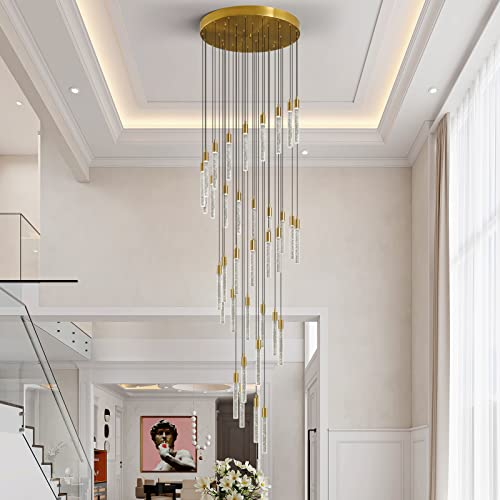 Image of 36-Light Modern Living Room Chandelier Gold Brass Finish Crystal Ceiling Pendant Lights LED Dimmable 216W 6000K Staircase Large Chandeliers for Entryway Lobby Foyer High Ceiling Chandeliers