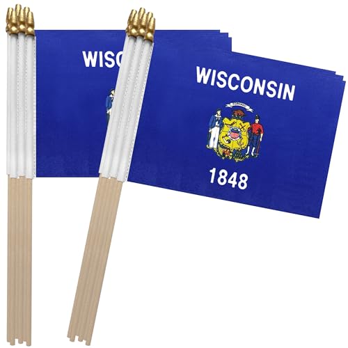 TSMD Wisconsin WI State Flag on Wood Stick Small Mini Hand Held Flags 5x8 Inch 12 Pack