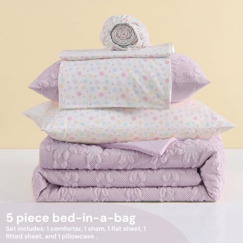 Image of Twin XL Comforter Set for Girls - 5 Pieces Purple Dasiy Bed in a Bag